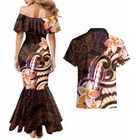 Polynesian Art Tattoo Couples Matching Mermaid Dress and Hawaiian Shirt Plumeria Flowers Peach Gradient