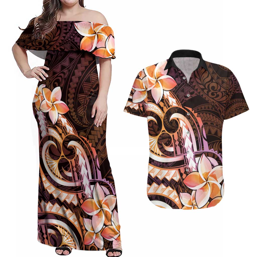 Polynesian Art Tattoo Couples Matching Off Shoulder Maxi Dress and Hawaiian Shirt Plumeria Flowers Peach Gradient