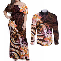 Polynesian Art Tattoo Couples Matching Off Shoulder Maxi Dress and Long Sleeve Button Shirt Plumeria Flowers Peach Gradient
