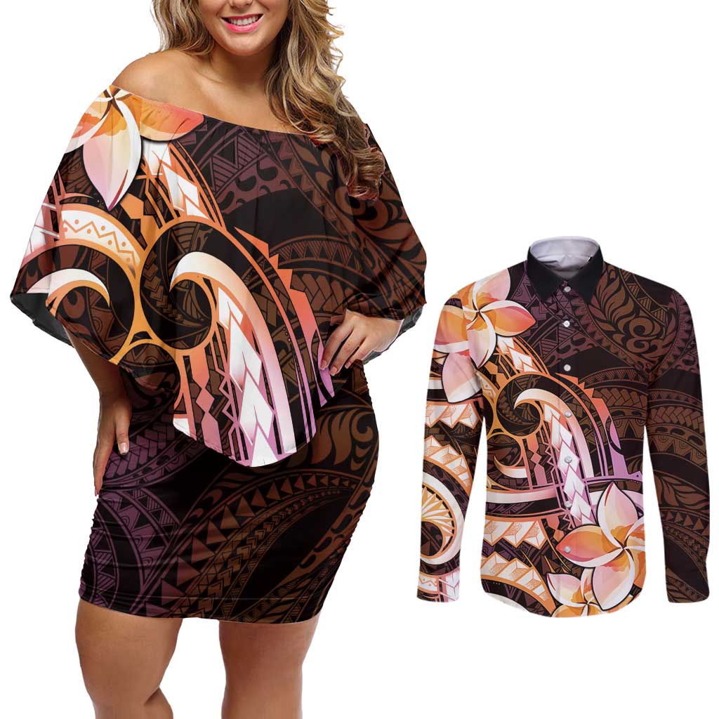 Polynesian Art Tattoo Couples Matching Off Shoulder Short Dress and Long Sleeve Button Shirt Plumeria Flowers Peach Gradient