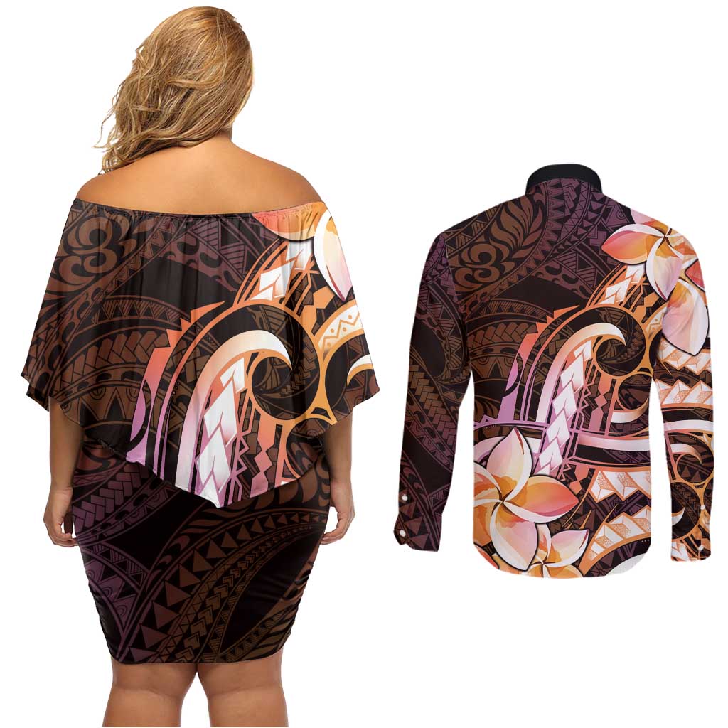 Polynesian Art Tattoo Couples Matching Off Shoulder Short Dress and Long Sleeve Button Shirt Plumeria Flowers Peach Gradient