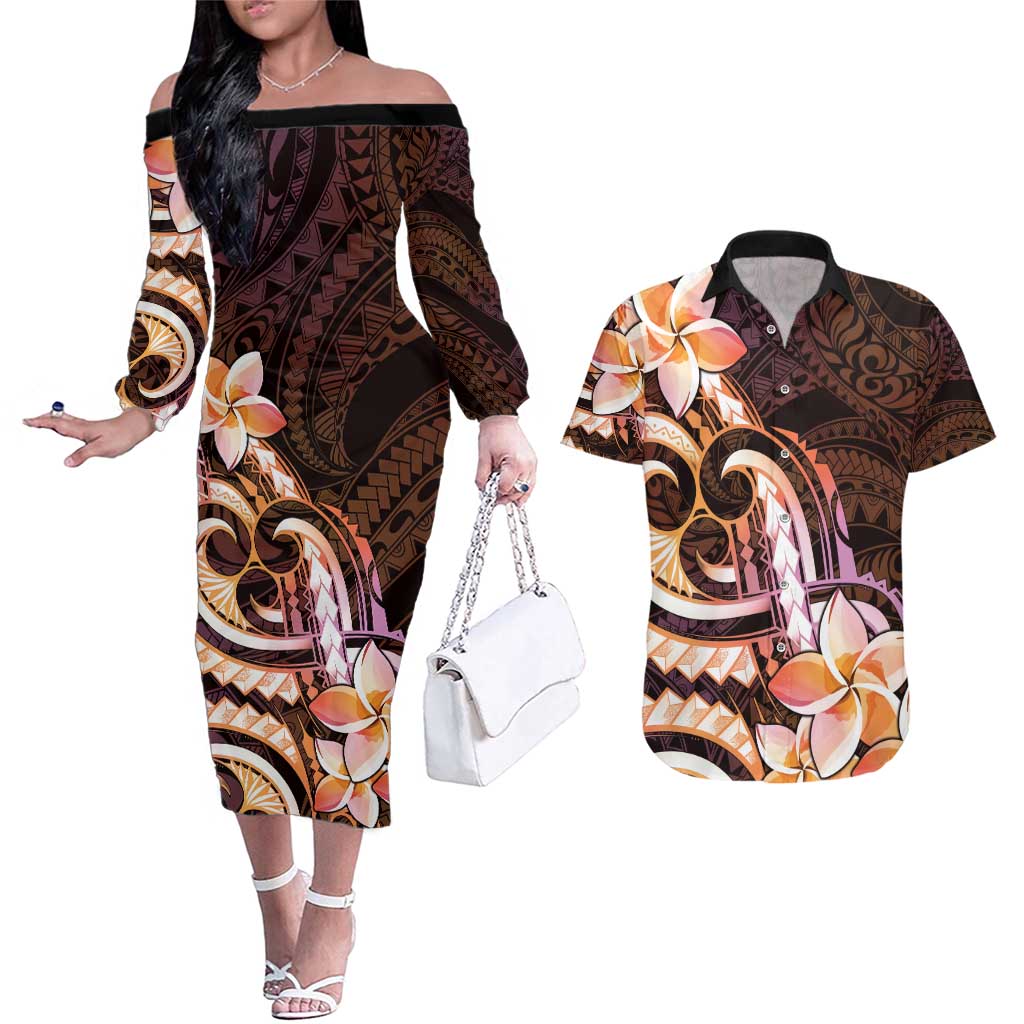 Polynesian Art Tattoo Couples Matching Off The Shoulder Long Sleeve Dress and Hawaiian Shirt Plumeria Flowers Peach Gradient