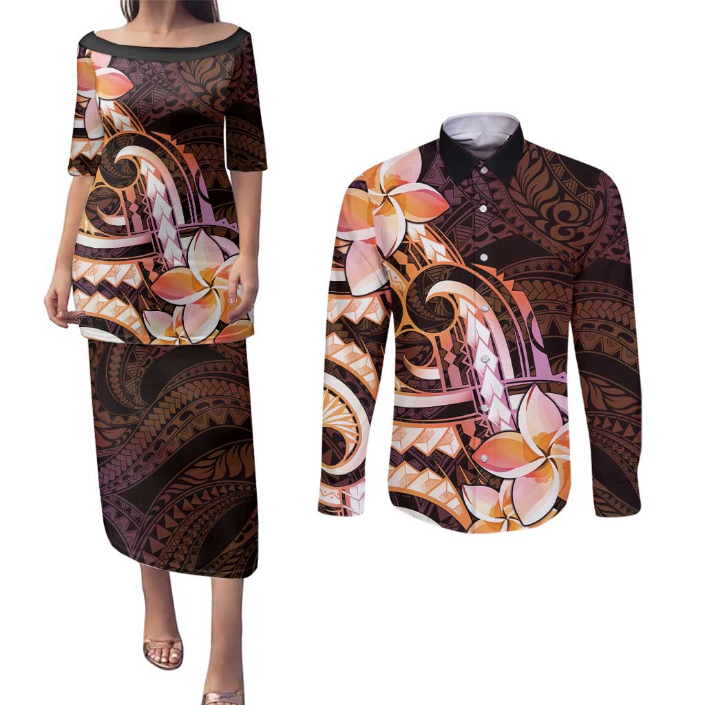 Polynesian Art Tattoo Couples Matching Puletasi and Long Sleeve Button Shirt Plumeria Flowers Peach Gradient