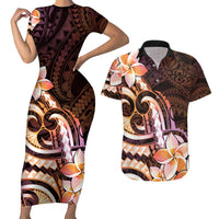 Polynesian Art Tattoo Couples Matching Short Sleeve Bodycon Dress and Hawaiian Shirt Plumeria Flowers Peach Gradient