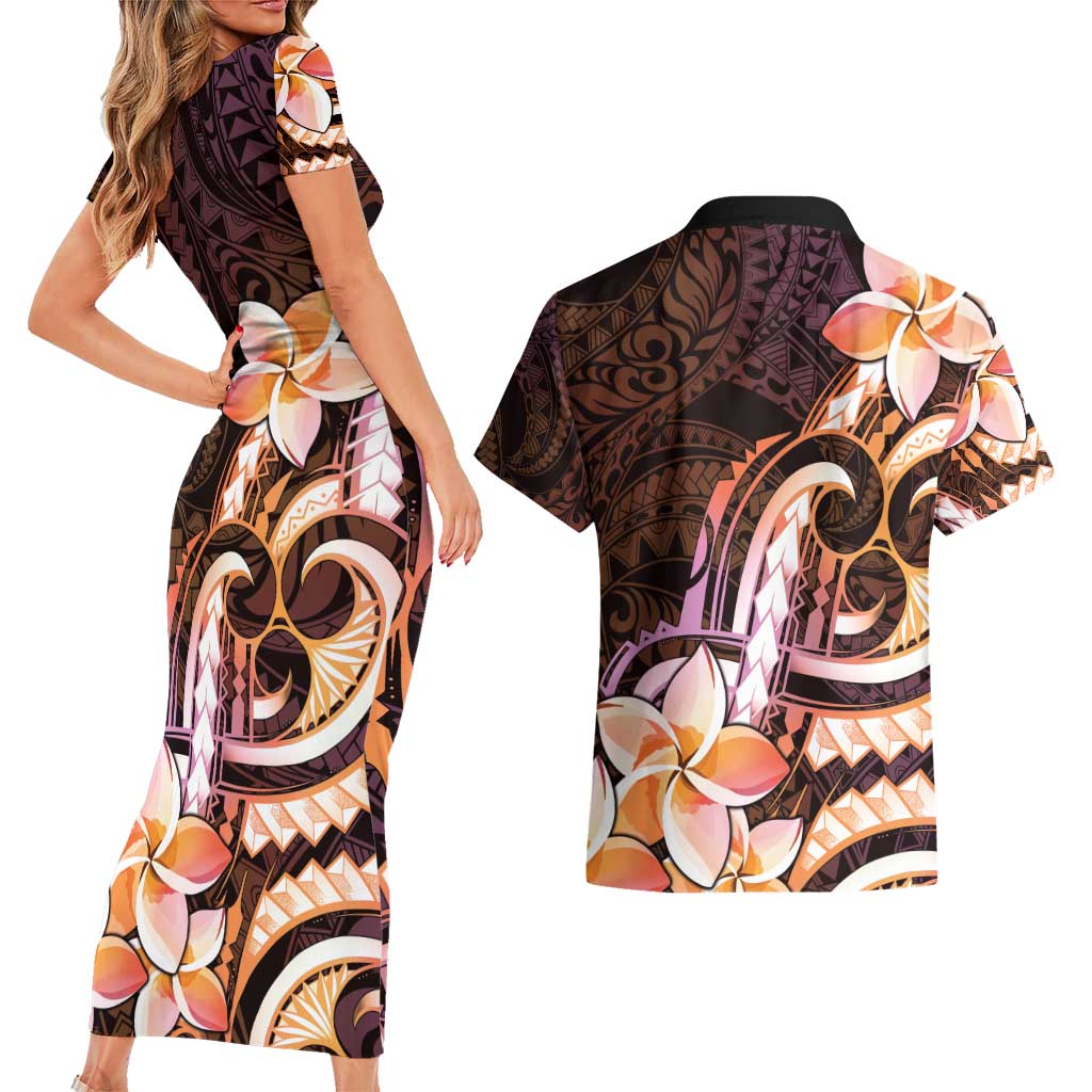 Polynesian Art Tattoo Couples Matching Short Sleeve Bodycon Dress and Hawaiian Shirt Plumeria Flowers Peach Gradient