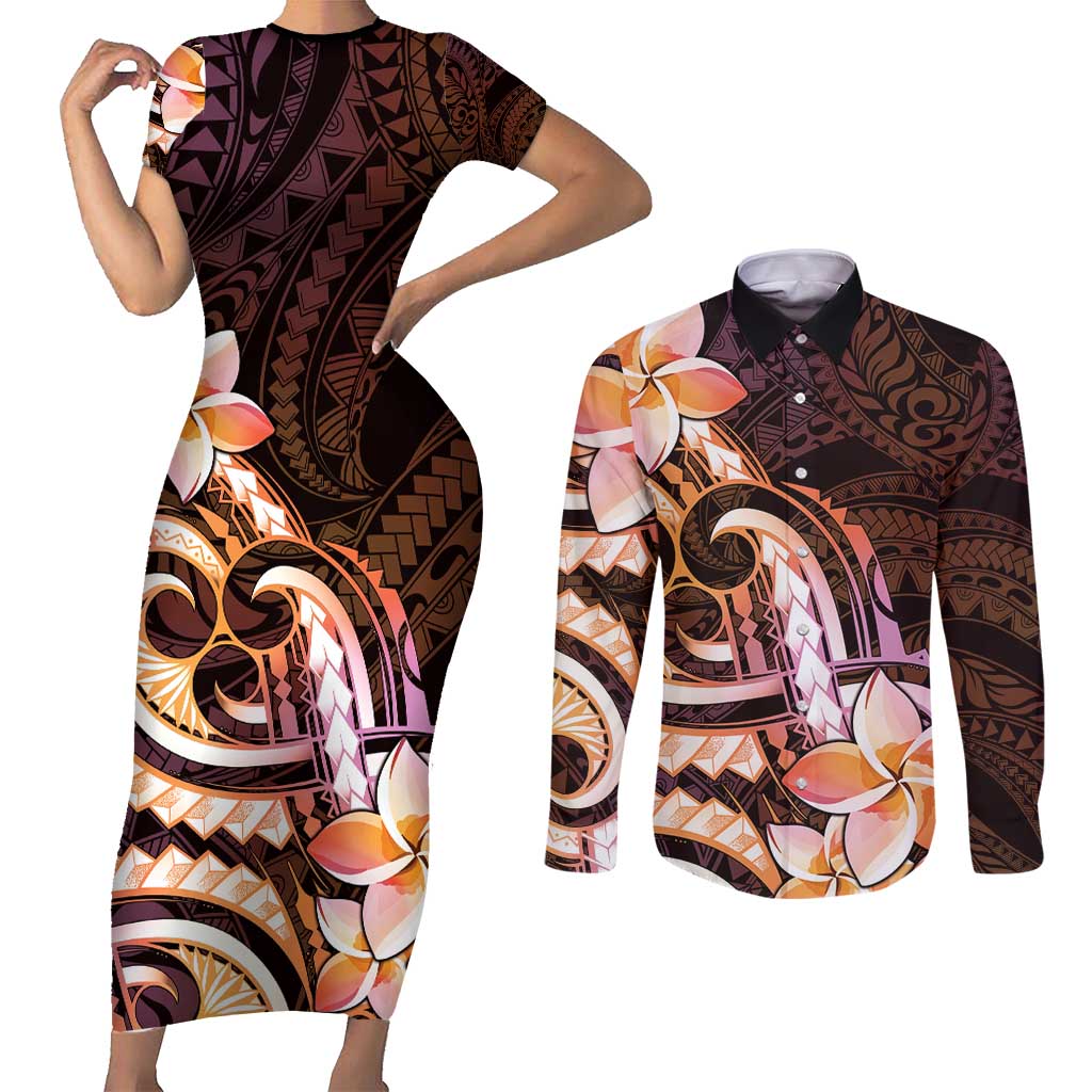 Polynesian Art Tattoo Couples Matching Short Sleeve Bodycon Dress and Long Sleeve Button Shirt Plumeria Flowers Peach Gradient