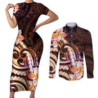 Polynesian Art Tattoo Couples Matching Short Sleeve Bodycon Dress and Long Sleeve Button Shirt Plumeria Flowers Peach Gradient