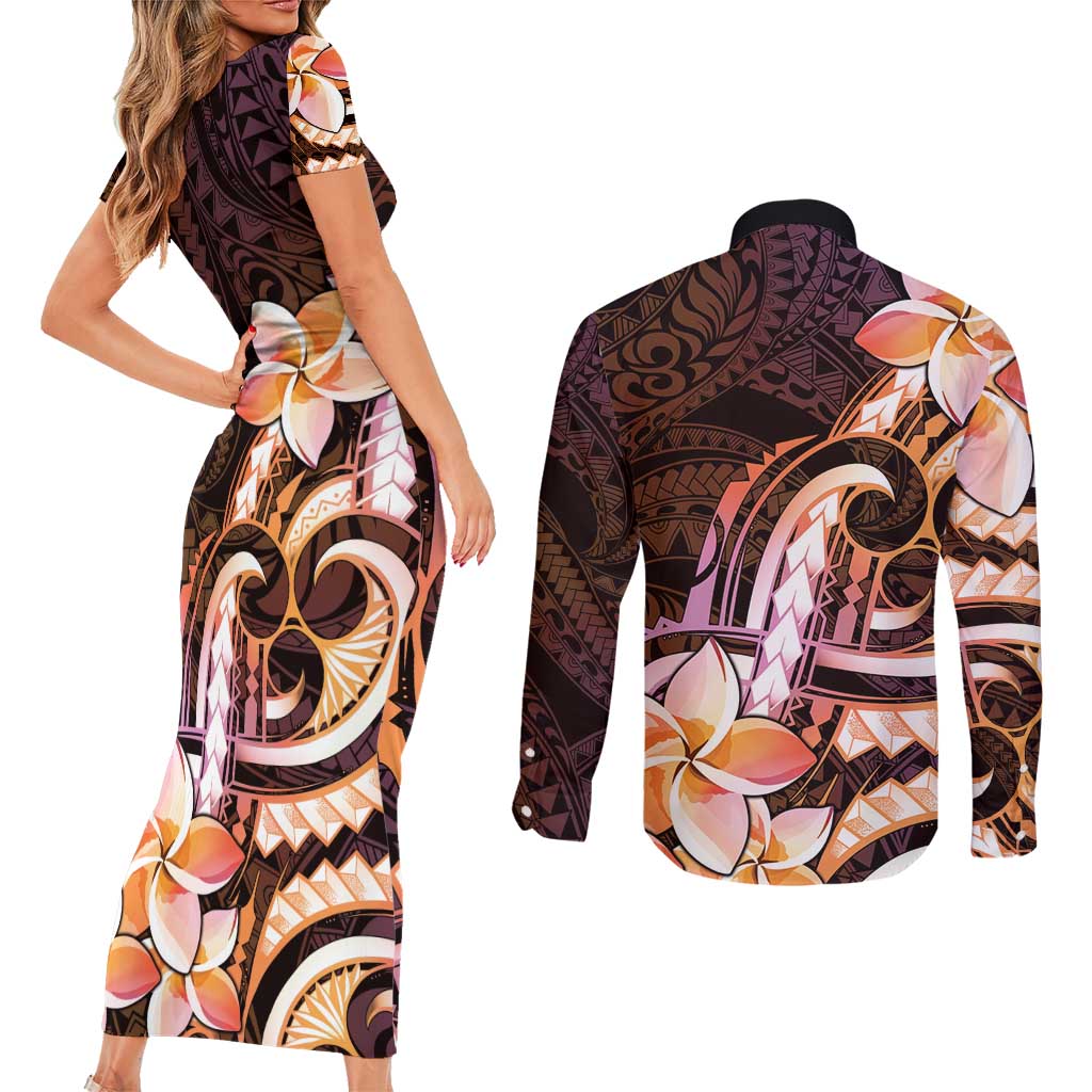 Polynesian Art Tattoo Couples Matching Short Sleeve Bodycon Dress and Long Sleeve Button Shirt Plumeria Flowers Peach Gradient