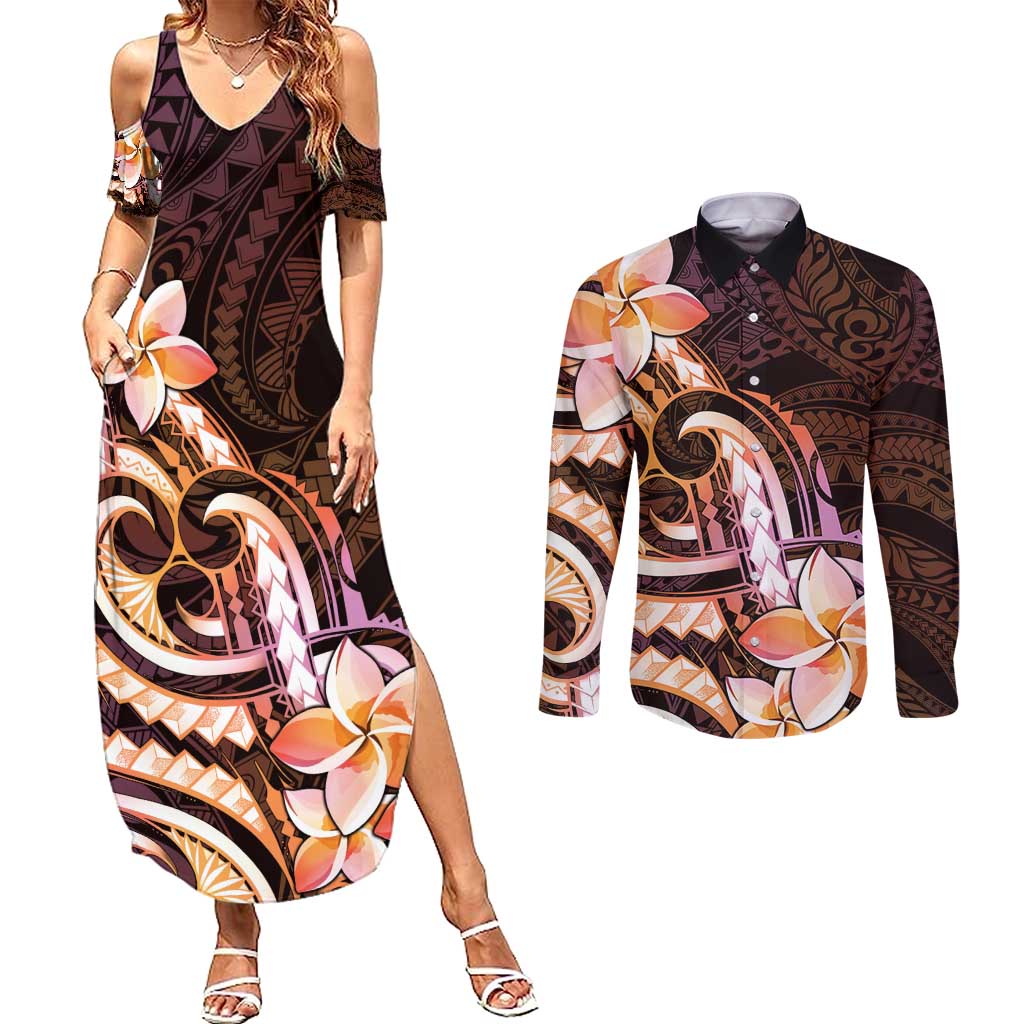 Polynesian Art Tattoo Couples Matching Summer Maxi Dress and Long Sleeve Button Shirt Plumeria Flowers Peach Gradient
