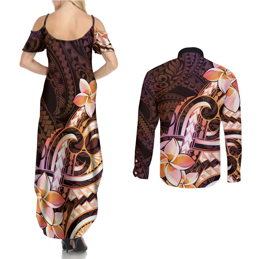 Polynesian Art Tattoo Couples Matching Summer Maxi Dress and Long Sleeve Button Shirt Plumeria Flowers Peach Gradient