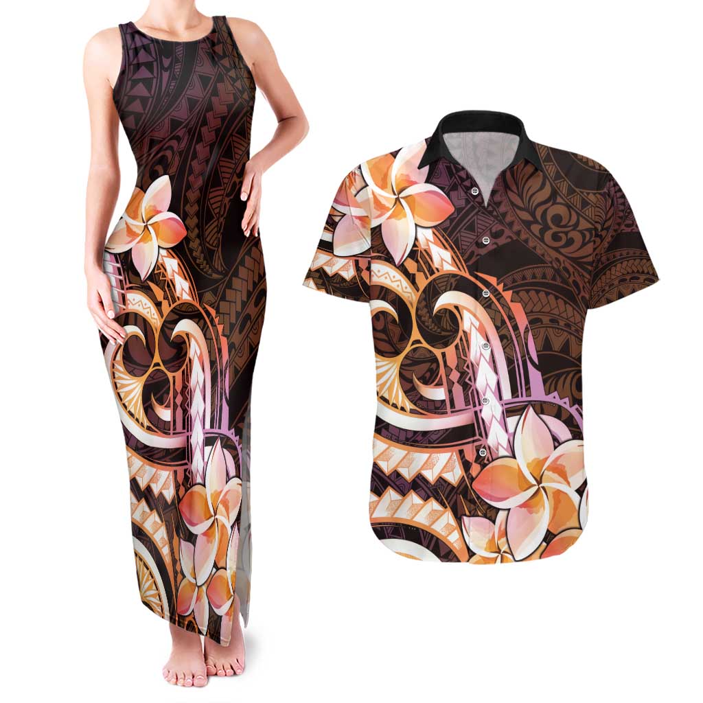 Polynesian Art Tattoo Couples Matching Tank Maxi Dress and Hawaiian Shirt Plumeria Flowers Peach Gradient