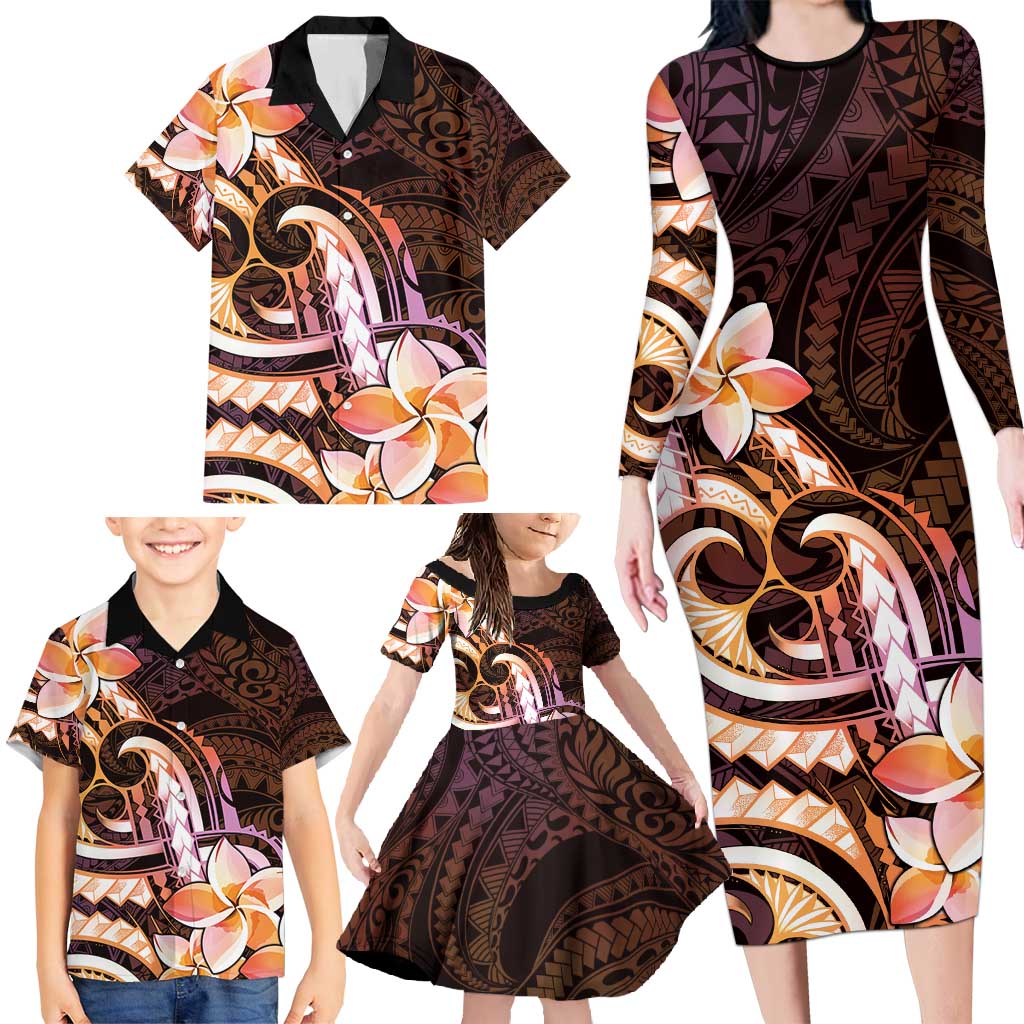 Polynesian Art Tattoo Family Matching Long Sleeve Bodycon Dress and Hawaiian Shirt Plumeria Flowers Peach Gradient
