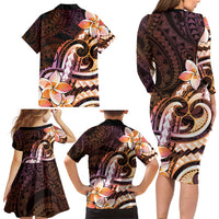 Polynesian Art Tattoo Family Matching Long Sleeve Bodycon Dress and Hawaiian Shirt Plumeria Flowers Peach Gradient