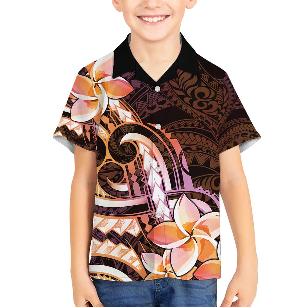 Polynesian Art Tattoo Family Matching Long Sleeve Bodycon Dress and Hawaiian Shirt Plumeria Flowers Peach Gradient