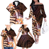 Polynesian Art Tattoo Family Matching Off The Shoulder Long Sleeve Dress and Hawaiian Shirt Plumeria Flowers Peach Gradient