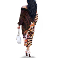 Polynesian Art Tattoo Family Matching Off The Shoulder Long Sleeve Dress and Hawaiian Shirt Plumeria Flowers Peach Gradient