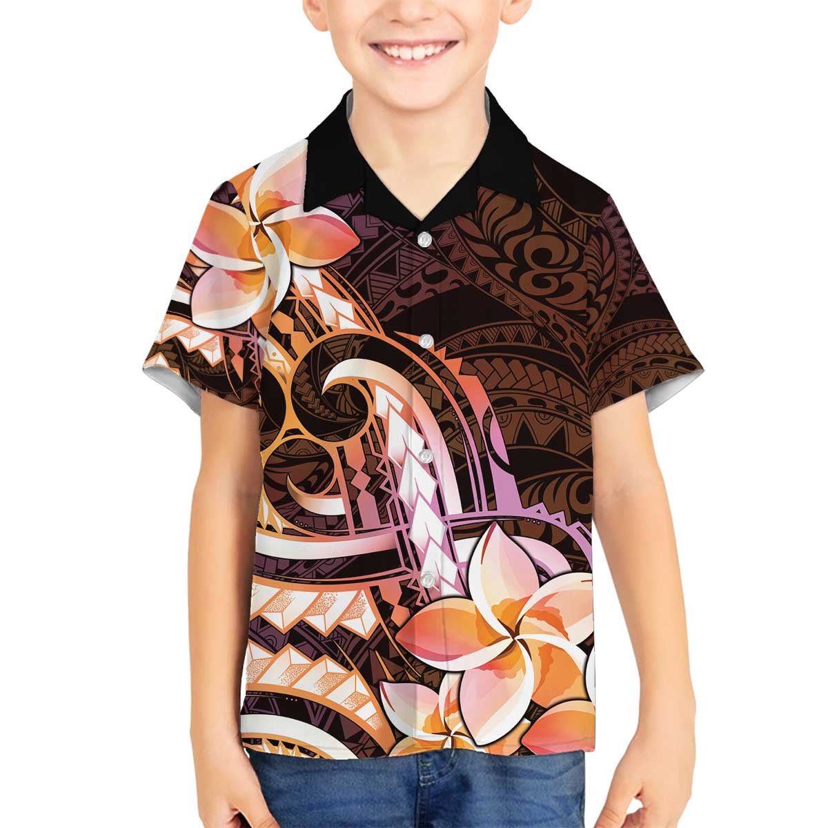Polynesian Art Tattoo Family Matching Off The Shoulder Long Sleeve Dress and Hawaiian Shirt Plumeria Flowers Peach Gradient