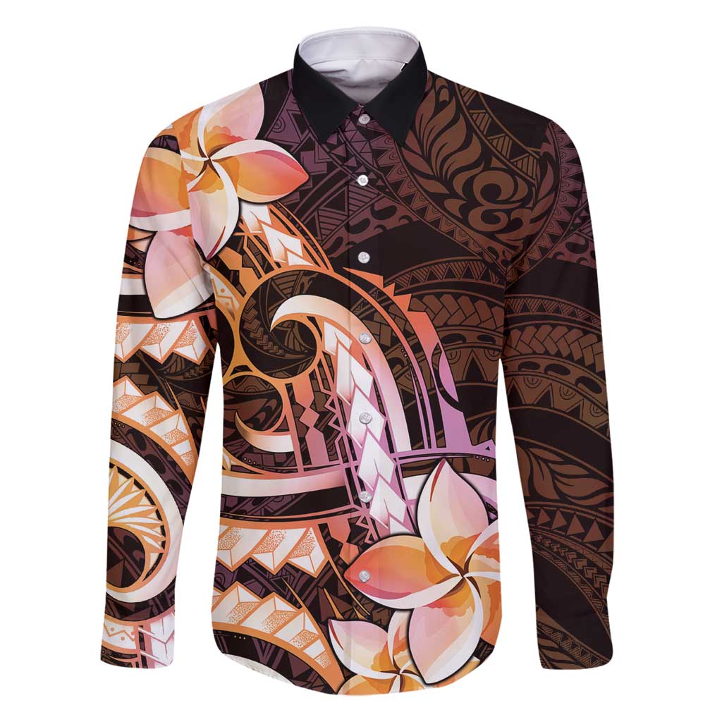 Polynesian Art Tattoo Family Matching Off Shoulder Maxi Dress and Hawaiian Shirt Plumeria Flowers Peach Gradient