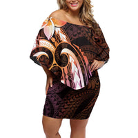 Polynesian Art Tattoo Family Matching Off Shoulder Short Dress and Hawaiian Shirt Plumeria Flowers Peach Gradient