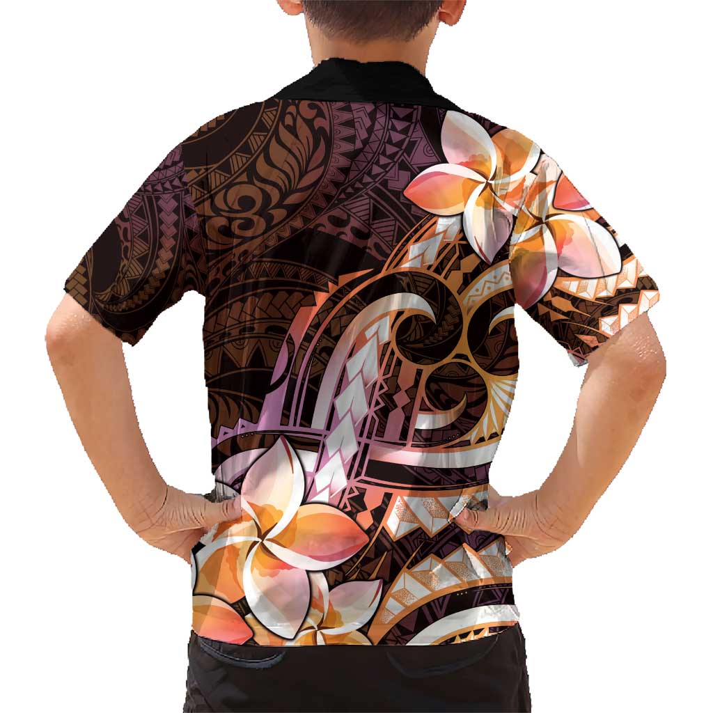 Polynesian Art Tattoo Family Matching Short Sleeve Bodycon Dress and Hawaiian Shirt Plumeria Flowers Peach Gradient