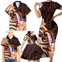 Polynesian Art Tattoo Family Matching Short Sleeve Bodycon Dress and Hawaiian Shirt Plumeria Flowers Peach Gradient