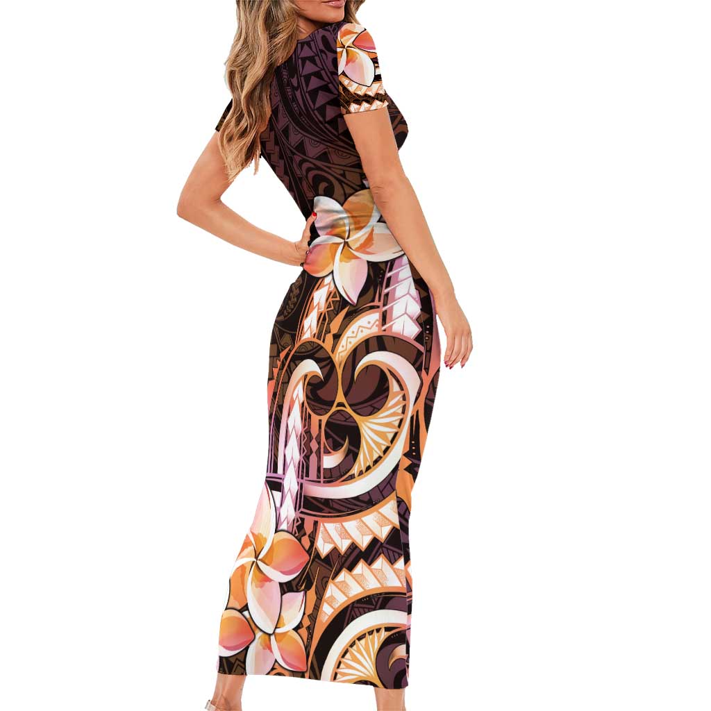 Polynesian Art Tattoo Family Matching Short Sleeve Bodycon Dress and Hawaiian Shirt Plumeria Flowers Peach Gradient