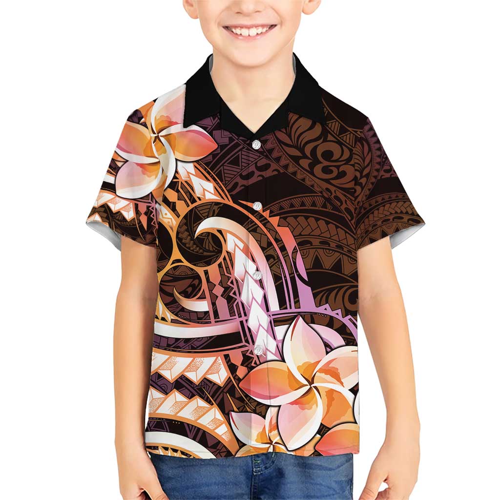 Polynesian Art Tattoo Family Matching Short Sleeve Bodycon Dress and Hawaiian Shirt Plumeria Flowers Peach Gradient