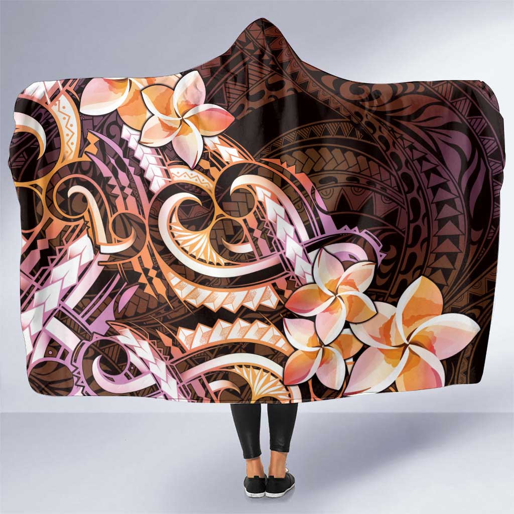 Polynesian Art Tattoo Hooded Blanket Plumeria Flowers Peach Gradient LT05 One Size Peach - Polynesian Pride