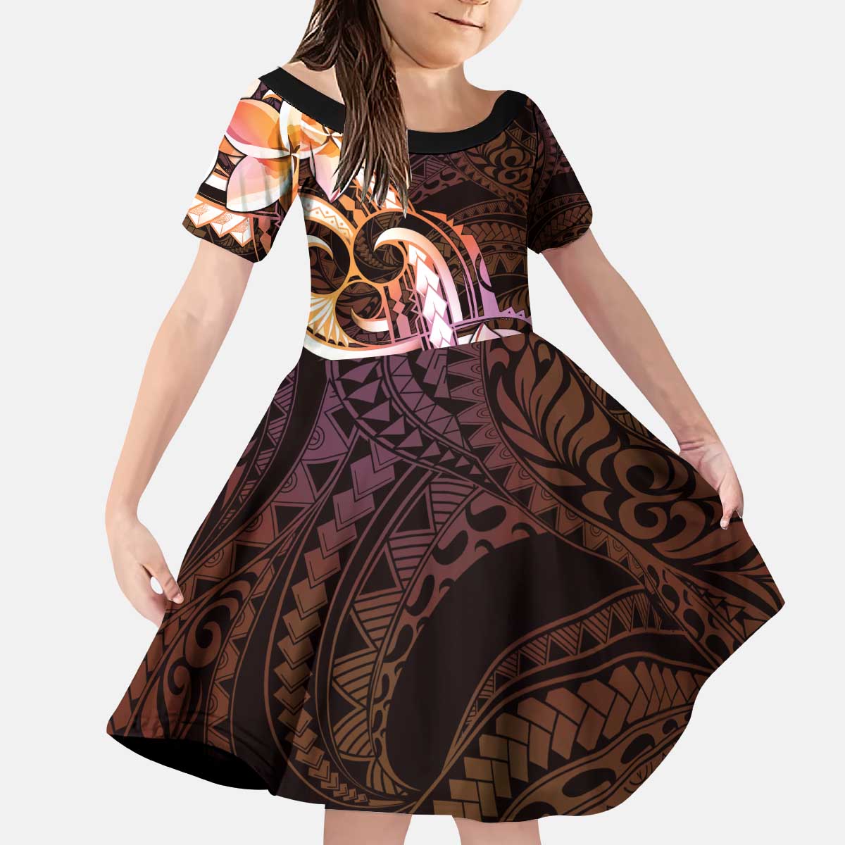 Polynesian Art Tattoo Kid Short Sleeve Dress Plumeria Flowers Peach Gradient LT05 KID Peach - Polynesian Pride