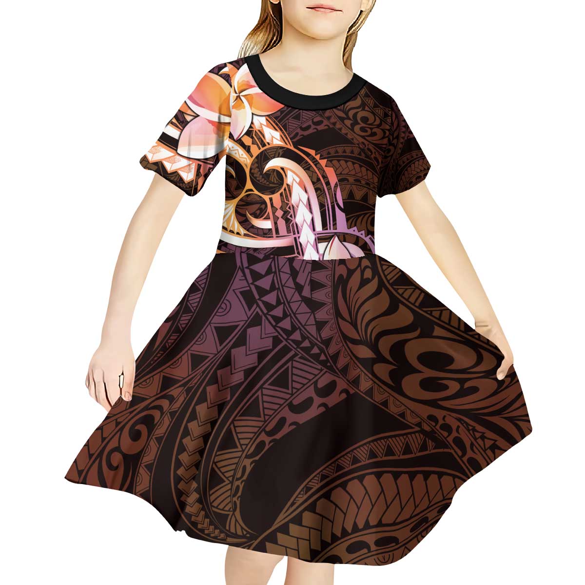 Polynesian Art Tattoo Kid Short Sleeve Dress Plumeria Flowers Peach Gradient