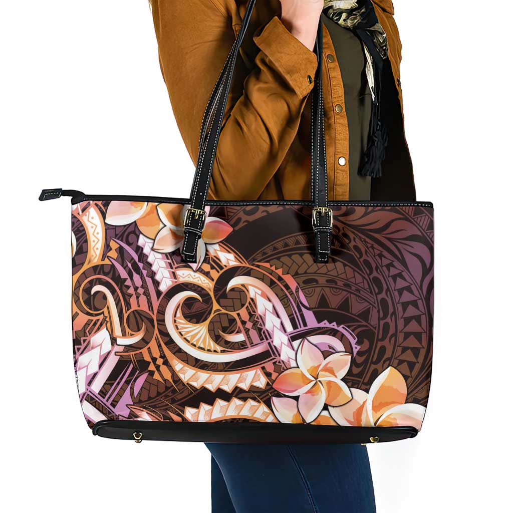 Polynesian Art Tattoo Leather Tote Bag Plumeria Flowers Peach Gradient