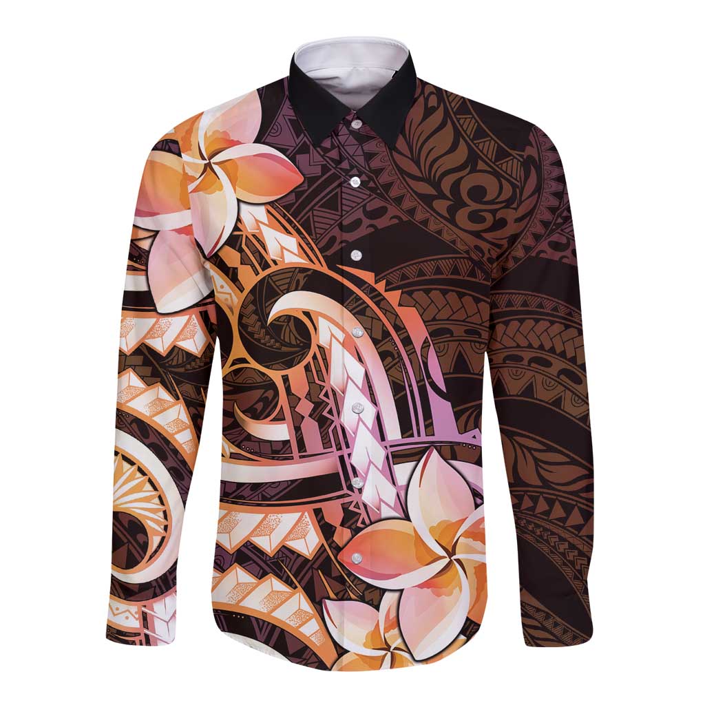 Polynesian Art Tattoo Long Sleeve Button Shirt Plumeria Flowers Peach Gradient LT05 Unisex Peach - Polynesian Pride