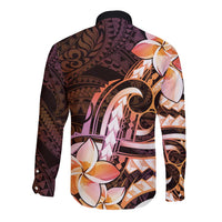 Polynesian Art Tattoo Long Sleeve Button Shirt Plumeria Flowers Peach Gradient