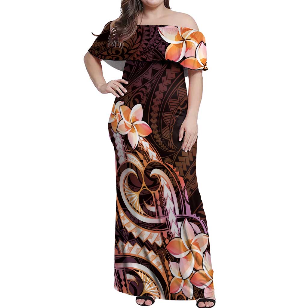Polynesian Art Tattoo Off Shoulder Maxi Dress Plumeria Flowers Peach Gradient LT05 Women Peach - Polynesian Pride