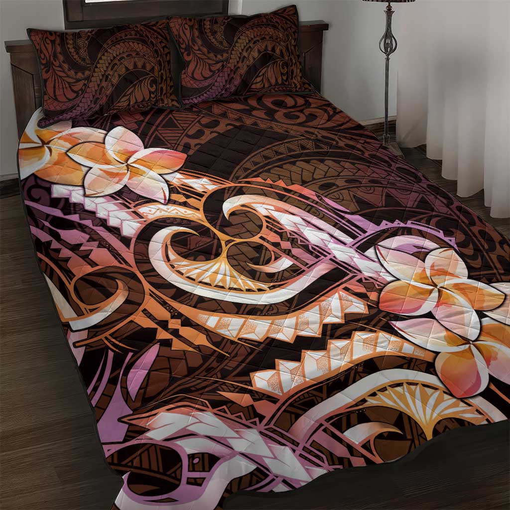 Polynesian Art Tattoo Quilt Bed Set Plumeria Flowers Peach Gradient