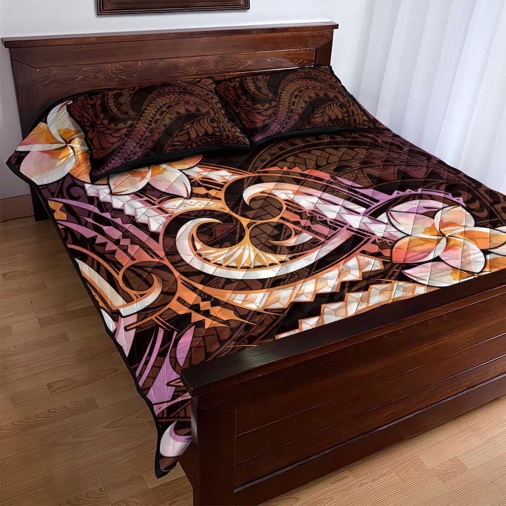 Polynesian Art Tattoo Quilt Bed Set Plumeria Flowers Peach Gradient