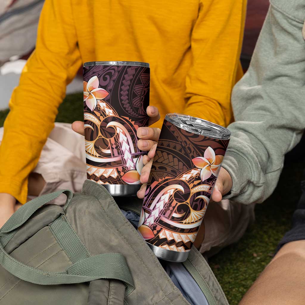 Polynesian Art Tattoo Tumbler Cup Plumeria Flowers Peach Gradient