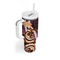 Polynesian Art Tattoo Tumbler With Handle Plumeria Flowers Peach Gradient