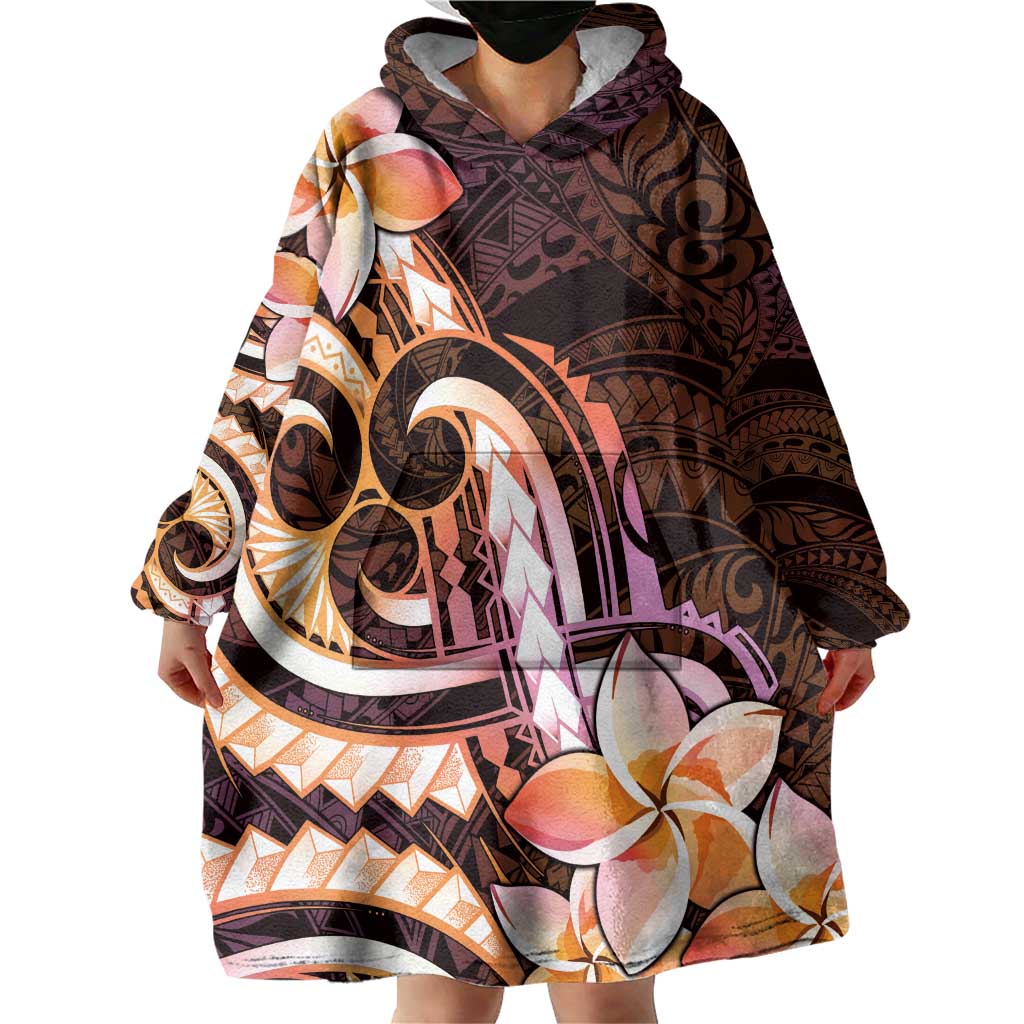 Polynesian Art Tattoo Wearable Blanket Hoodie Plumeria Flowers Peach Gradient