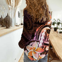 Polynesian Art Tattoo Women Casual Shirt Plumeria Flowers Peach Gradient