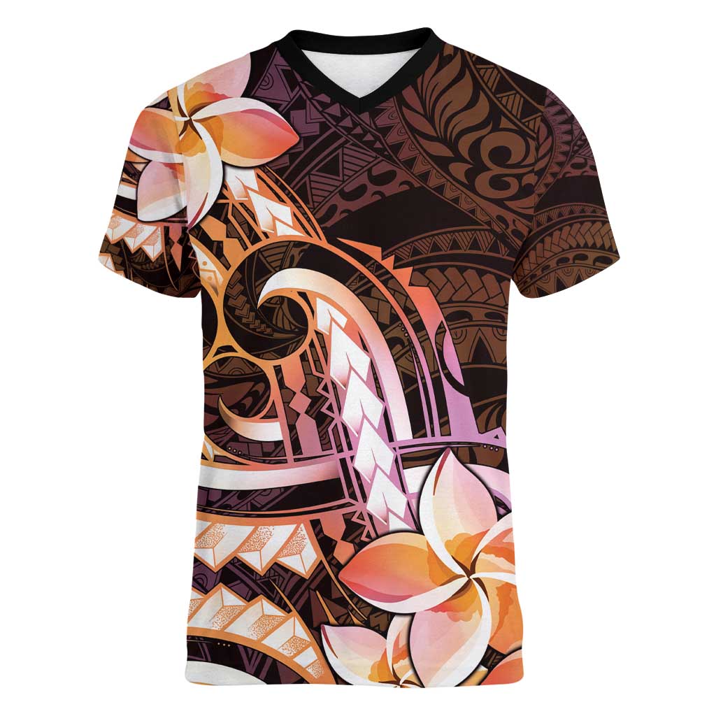 Polynesian Art Tattoo Women V-Neck T-Shirt Plumeria Flowers Peach Gradient