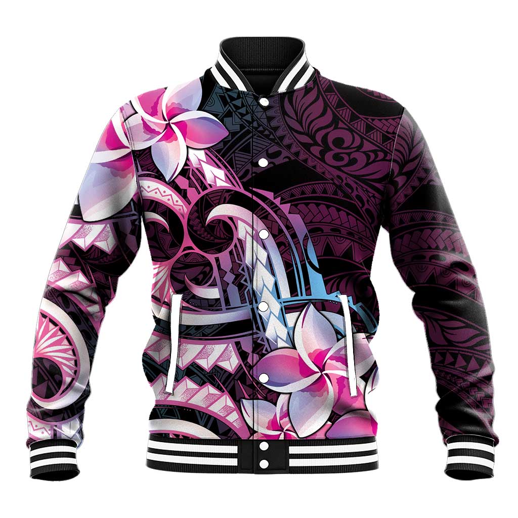 Polynesian Art Tattoo Baseball Jacket Plumeria Flowers Pink Gradient LT05 Unisex Pink - Polynesian Pride