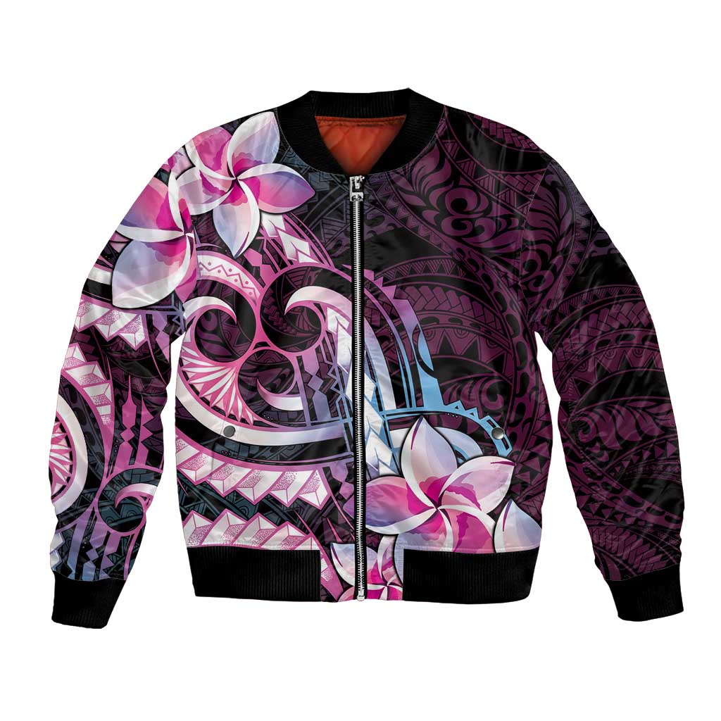 Polynesian Art Tattoo Bomber Jacket Plumeria Flowers Pink Gradient