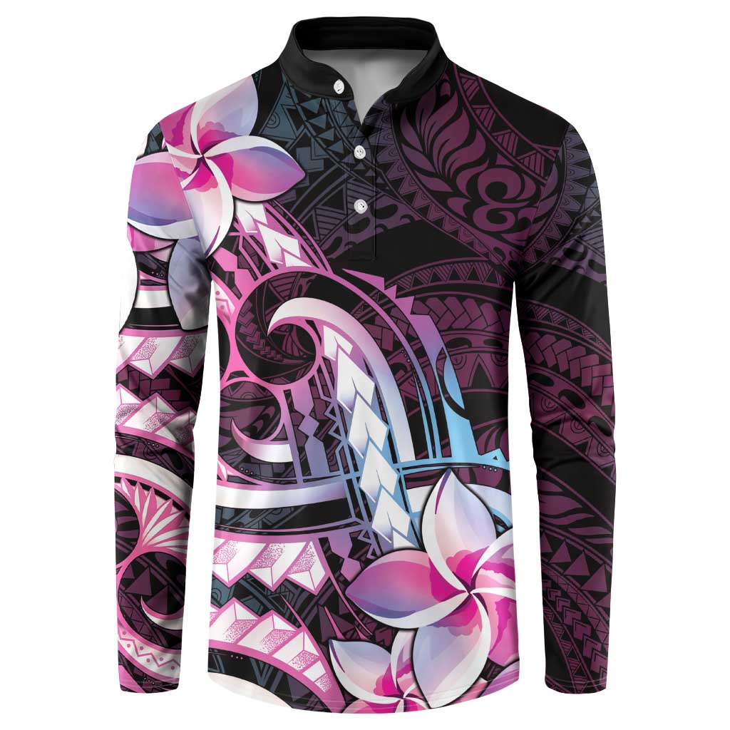 Polynesian Art Tattoo Button Sweatshirt Plumeria Flowers Pink Gradient