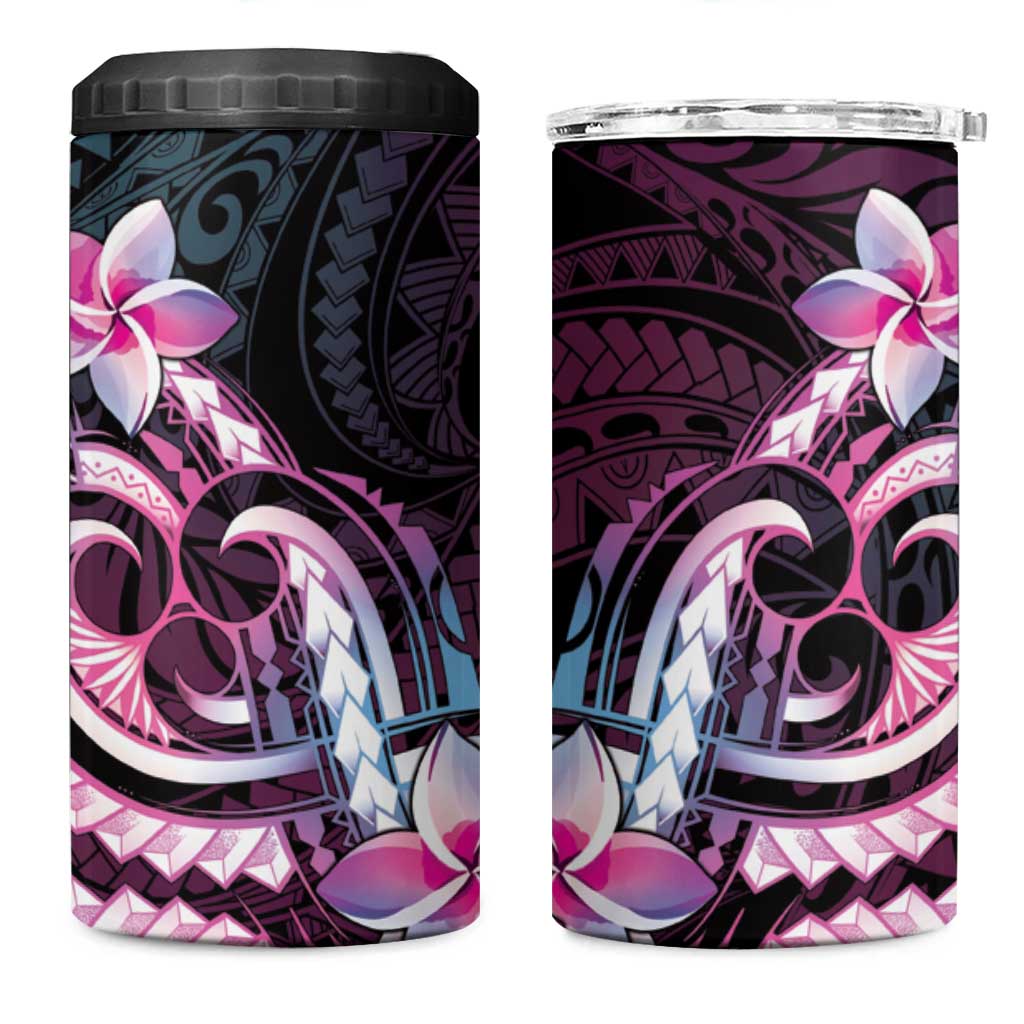 Polynesian Art Tattoo 4 in 1 Can Cooler Tumbler Plumeria Flowers Pink Gradient