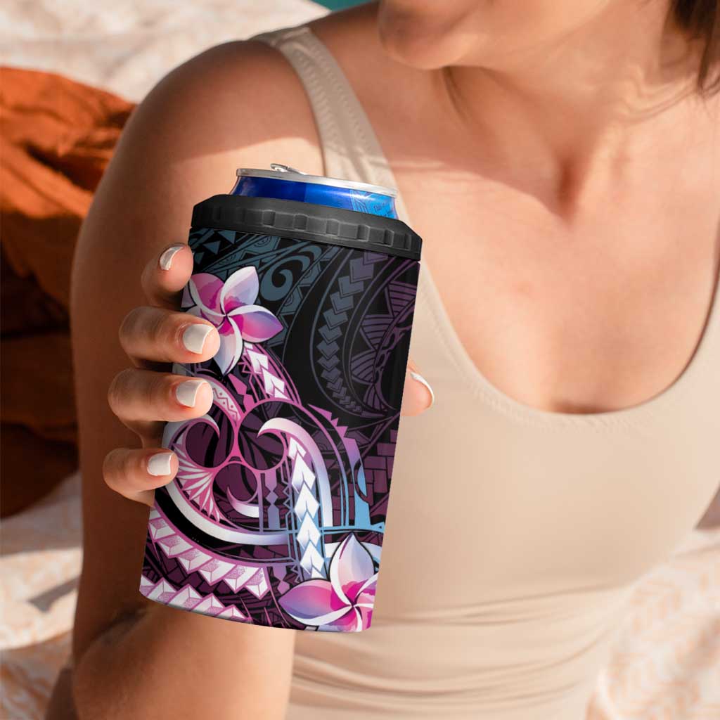 Polynesian Art Tattoo 4 in 1 Can Cooler Tumbler Plumeria Flowers Pink Gradient