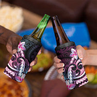 Polynesian Art Tattoo 4 in 1 Can Cooler Tumbler Plumeria Flowers Pink Gradient