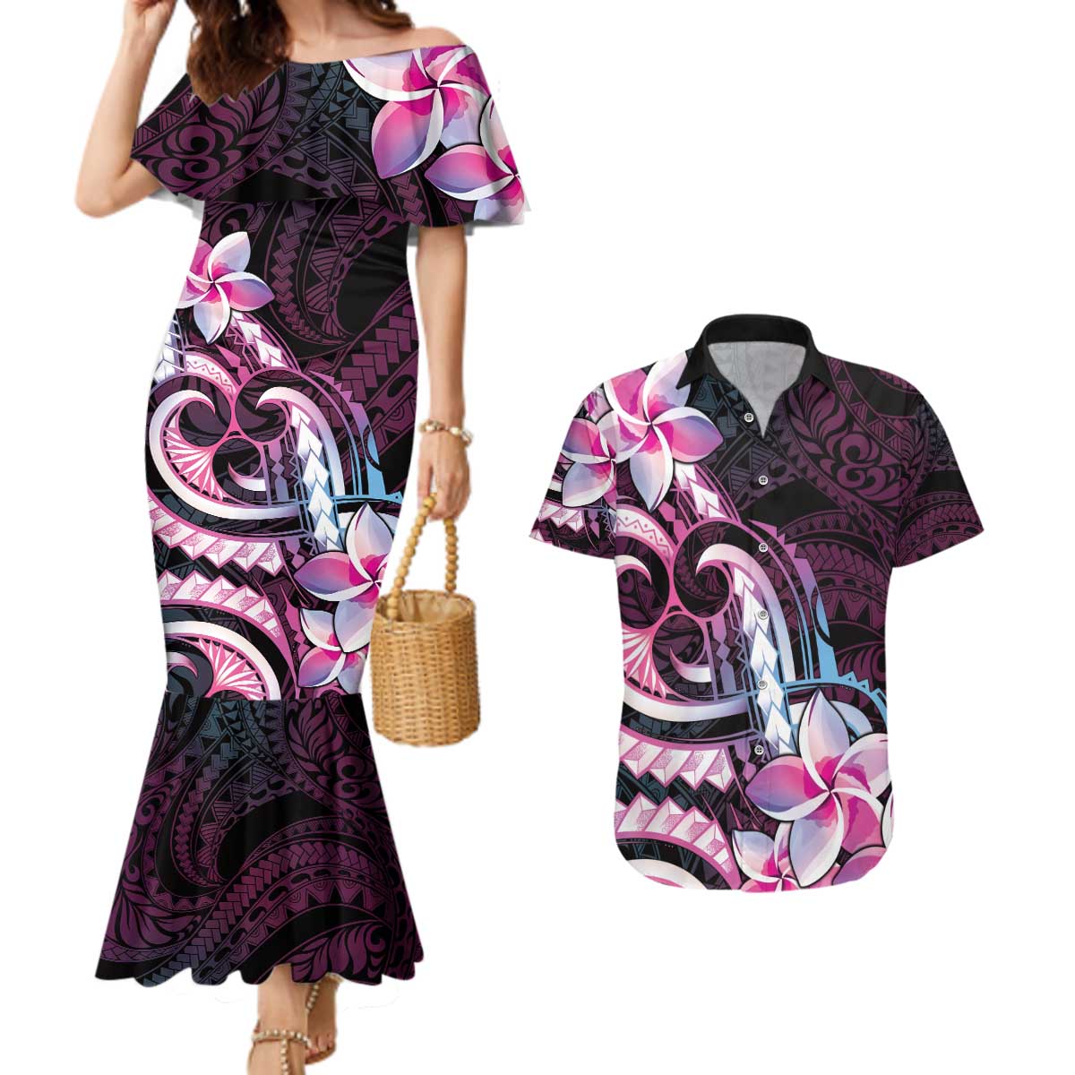 Polynesian Art Tattoo Couples Matching Mermaid Dress and Hawaiian Shirt Plumeria Flowers Pink Gradient