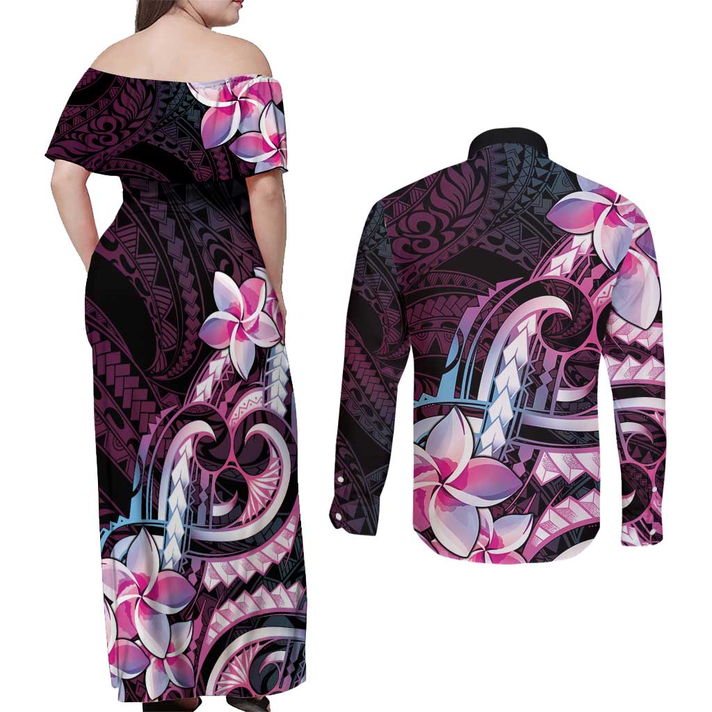 Polynesian Art Tattoo Couples Matching Off Shoulder Maxi Dress and Long Sleeve Button Shirt Plumeria Flowers Pink Gradient