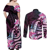 Polynesian Art Tattoo Couples Matching Off Shoulder Maxi Dress and Long Sleeve Button Shirt Plumeria Flowers Pink Gradient